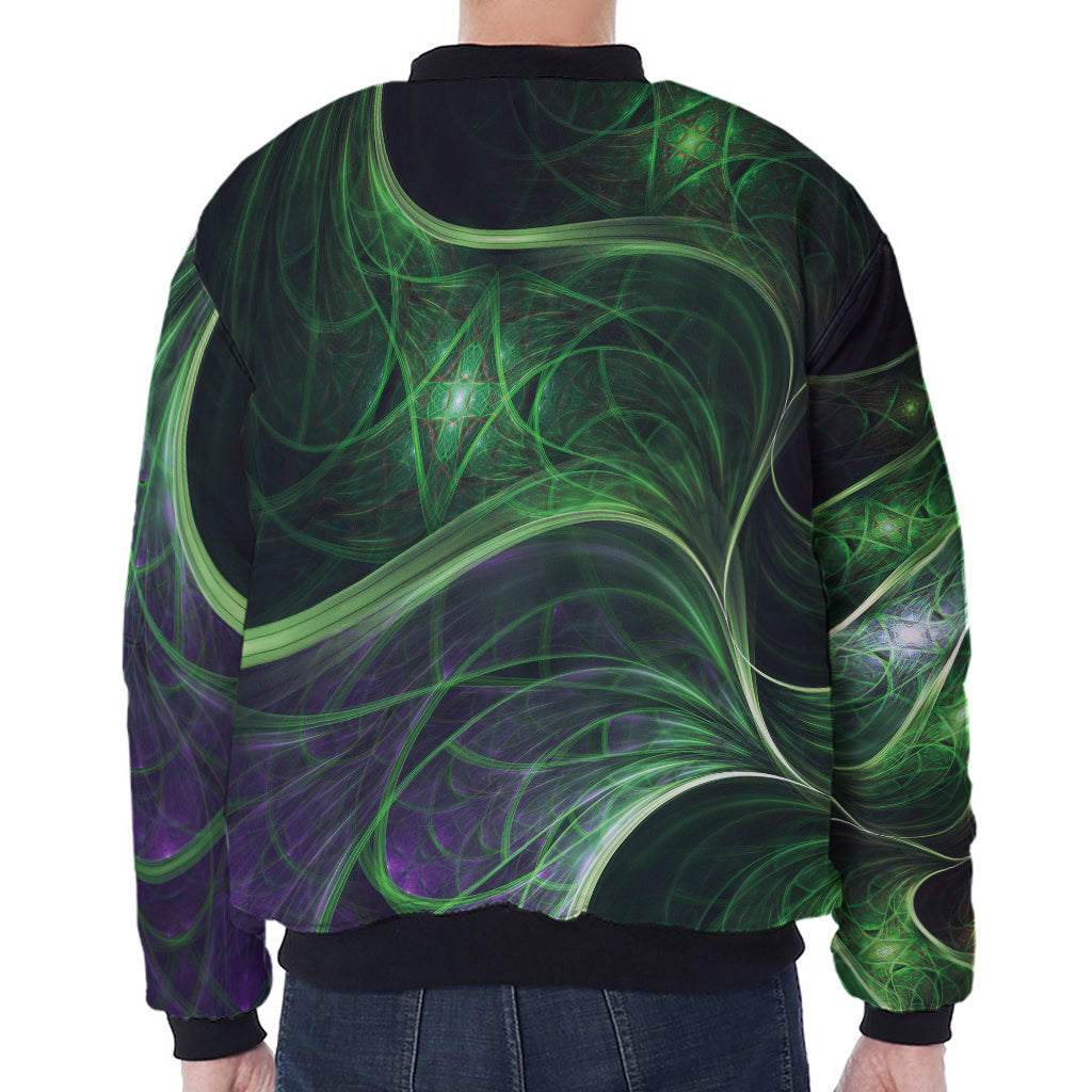 Green Fractal Print Zip Sleeve Bomber Jacket