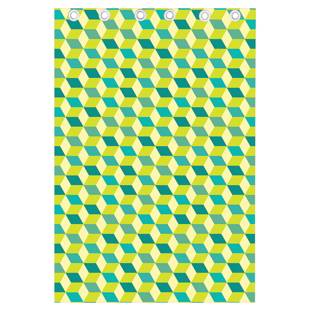Green Geometric Cube Shape Pattern Print Curtain