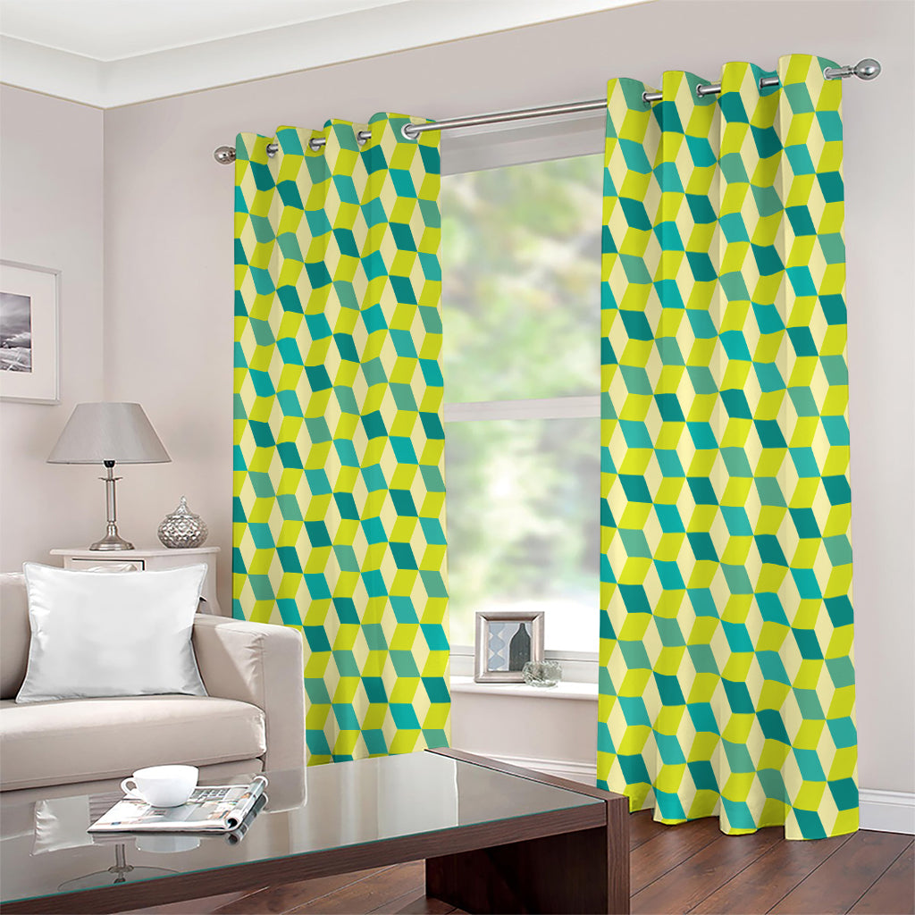 Green Geometric Cube Shape Pattern Print Extra Wide Grommet Curtains