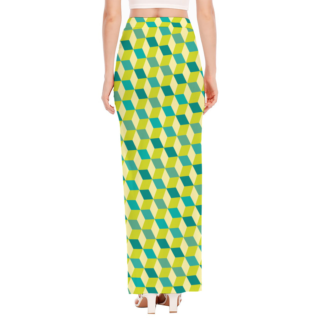 Green Geometric Cube Shape Pattern Print High Slit Maxi Skirt