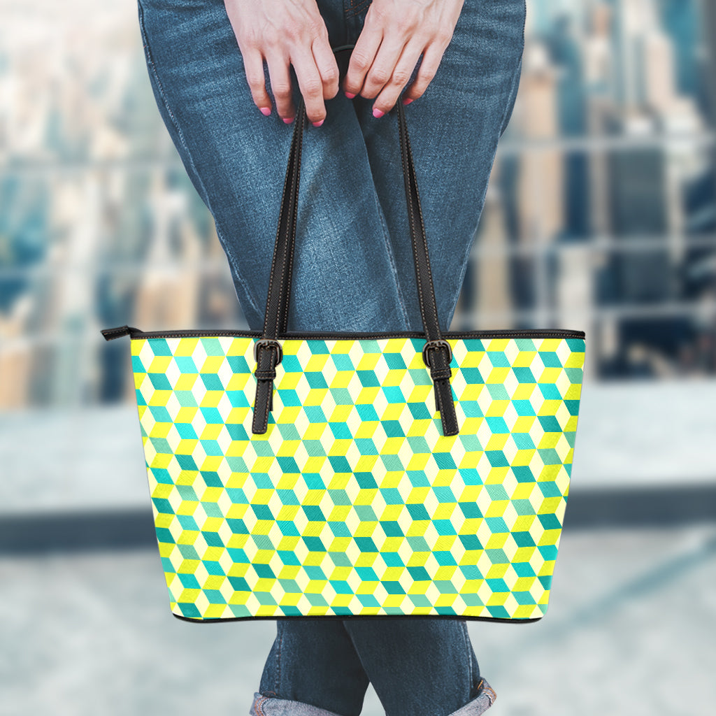 Green Geometric Cube Shape Pattern Print Leather Tote Bag