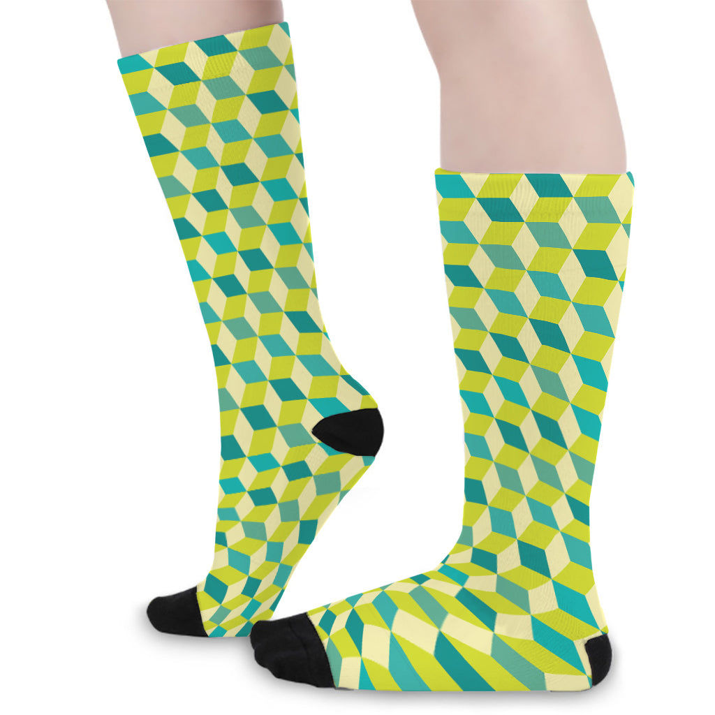 Green Geometric Cube Shape Pattern Print Long Socks