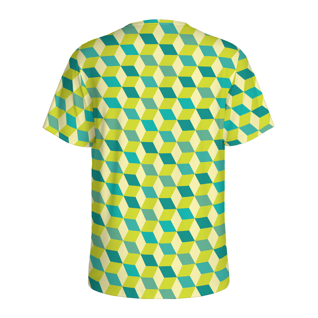Green Geometric Cube Shape Pattern Print Men's Sports T-Shirt