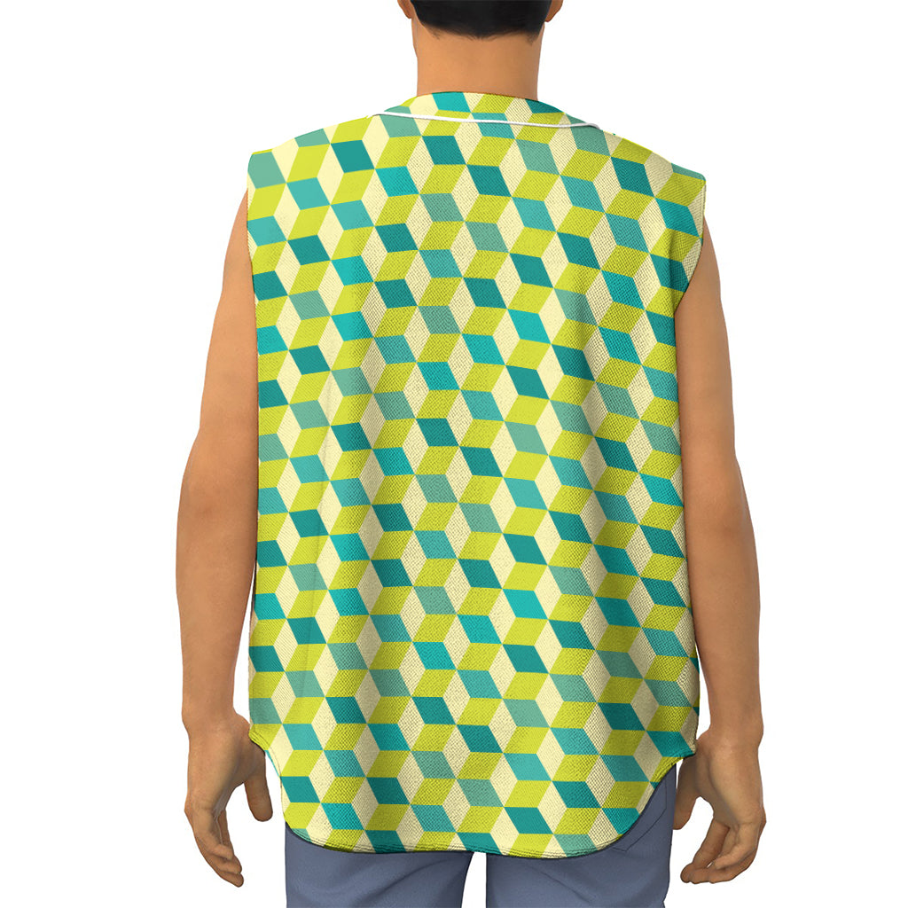 Green Geometric Cube Shape Pattern Print Sleeveless Baseball Jersey
