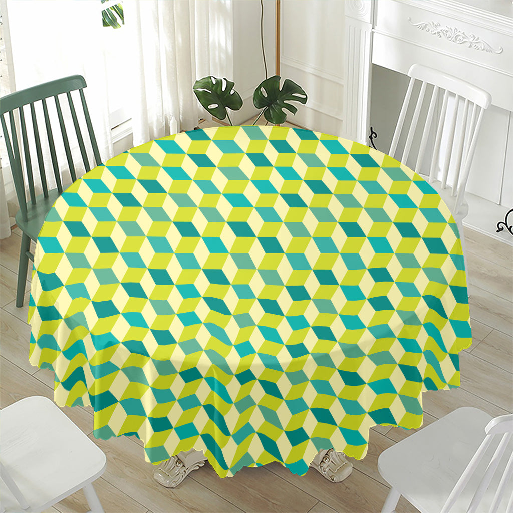 Green Geometric Cube Shape Pattern Print Waterproof Round Tablecloth