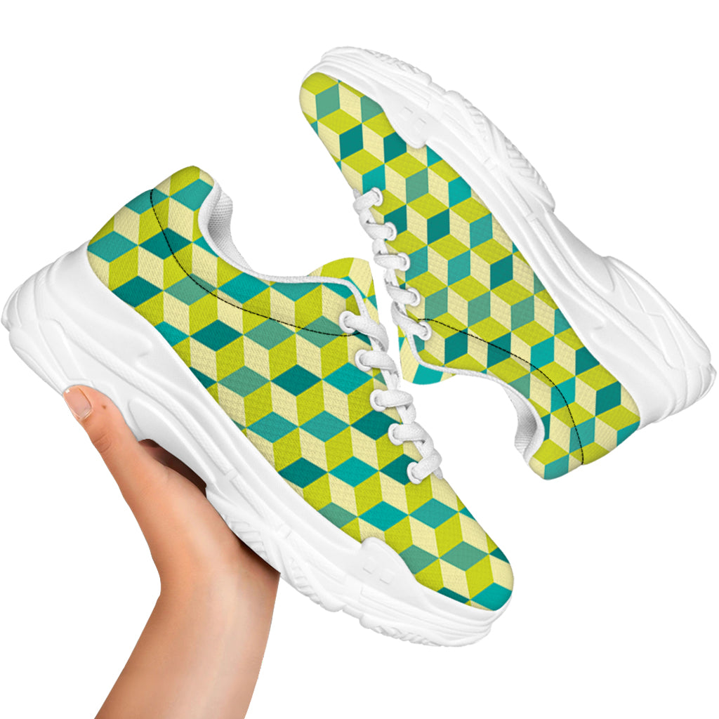 Green Geometric Cube Shape Pattern Print White Chunky Shoes