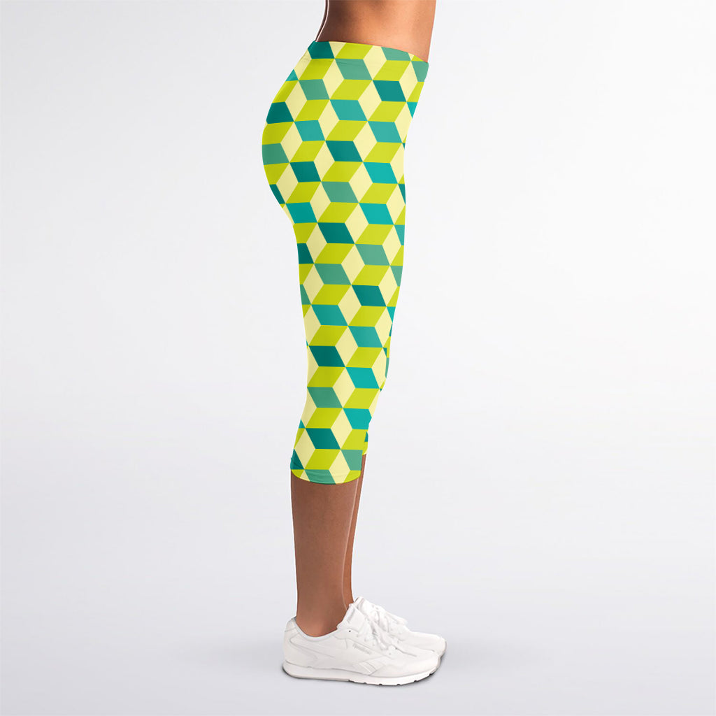Green Geometric Cube Shape Pattern Print Women's Capri Leggings