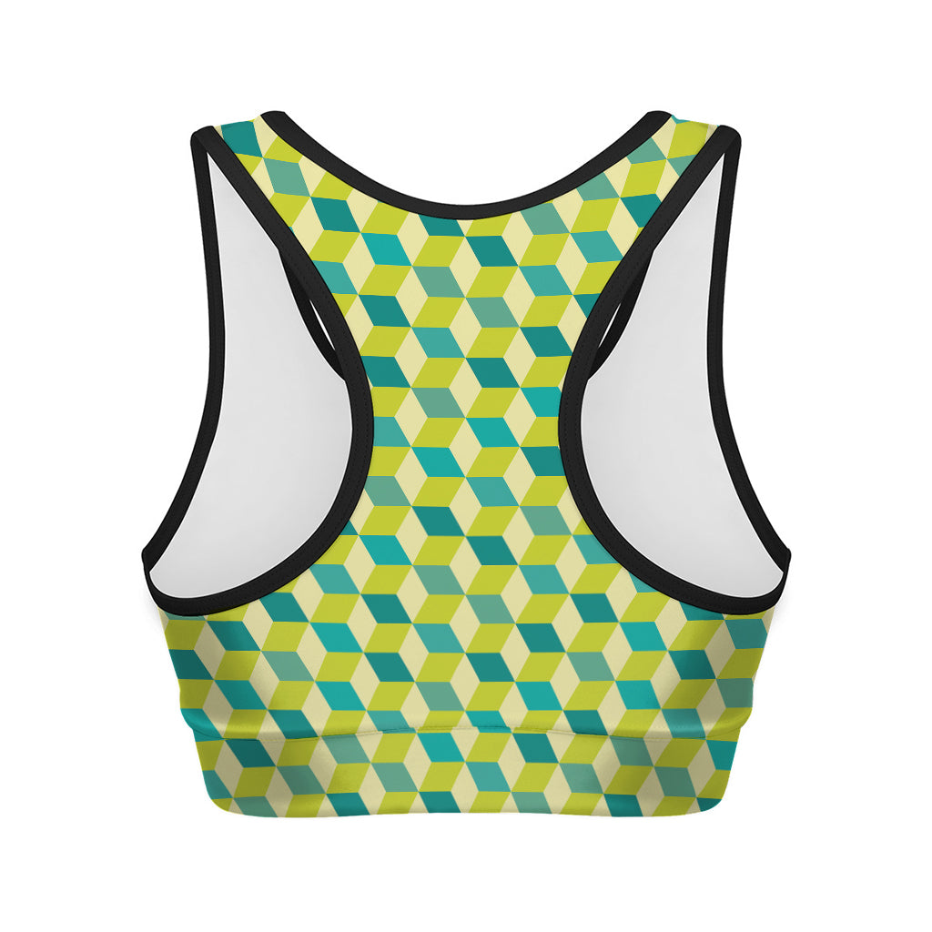 Green Geometric Cube Shape Pattern Print Women's Sports Bra