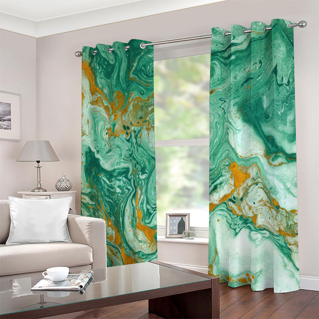 Green Gold Liquid Marble Print Extra Wide Grommet Curtains