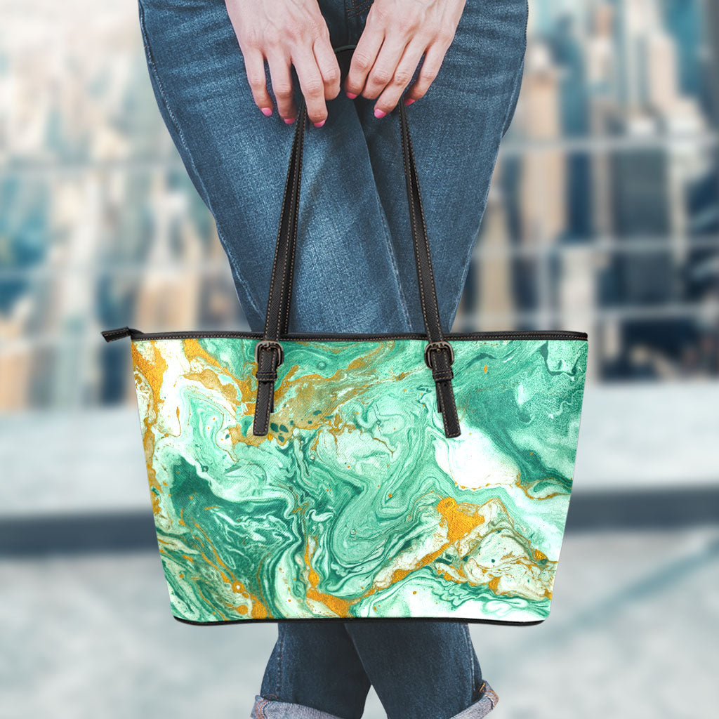 Green Gold Liquid Marble Print Leather Tote Bag