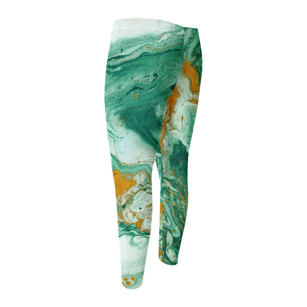 Green Gold Liquid Marble Print Men's Compression Pants