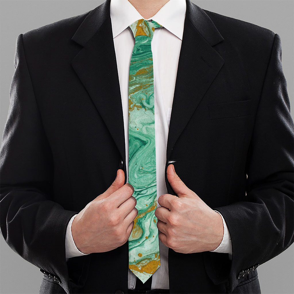 Green Gold Liquid Marble Print Necktie