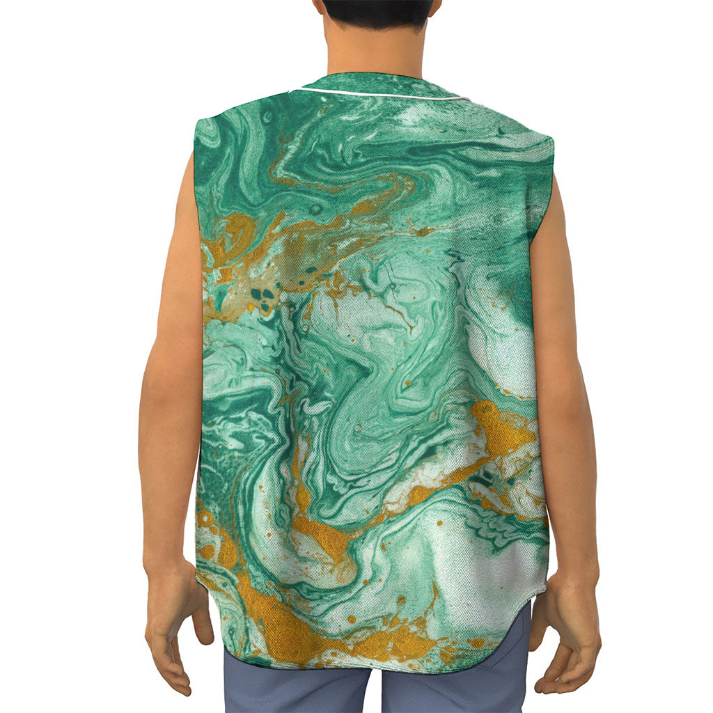 Green Gold Liquid Marble Print Sleeveless Baseball Jersey