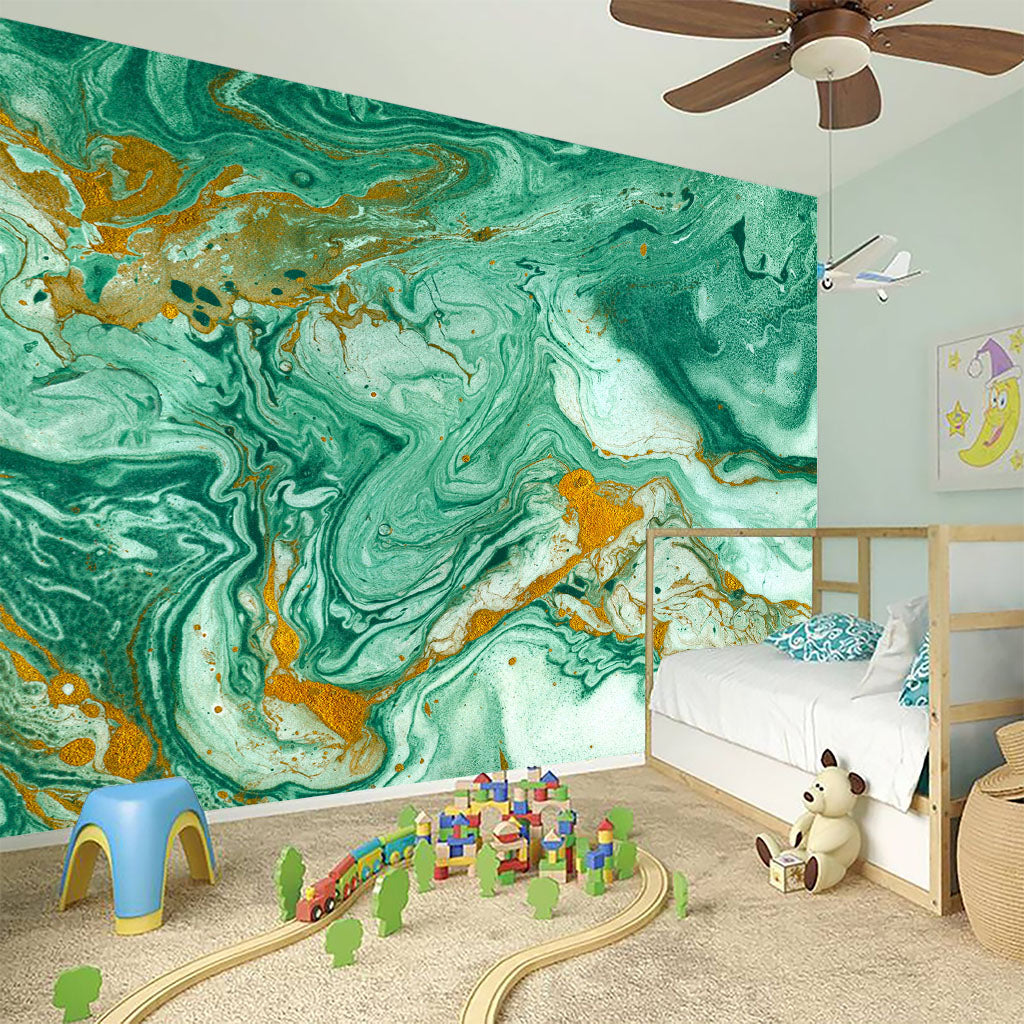 Green Gold Liquid Marble Print Wall Sticker