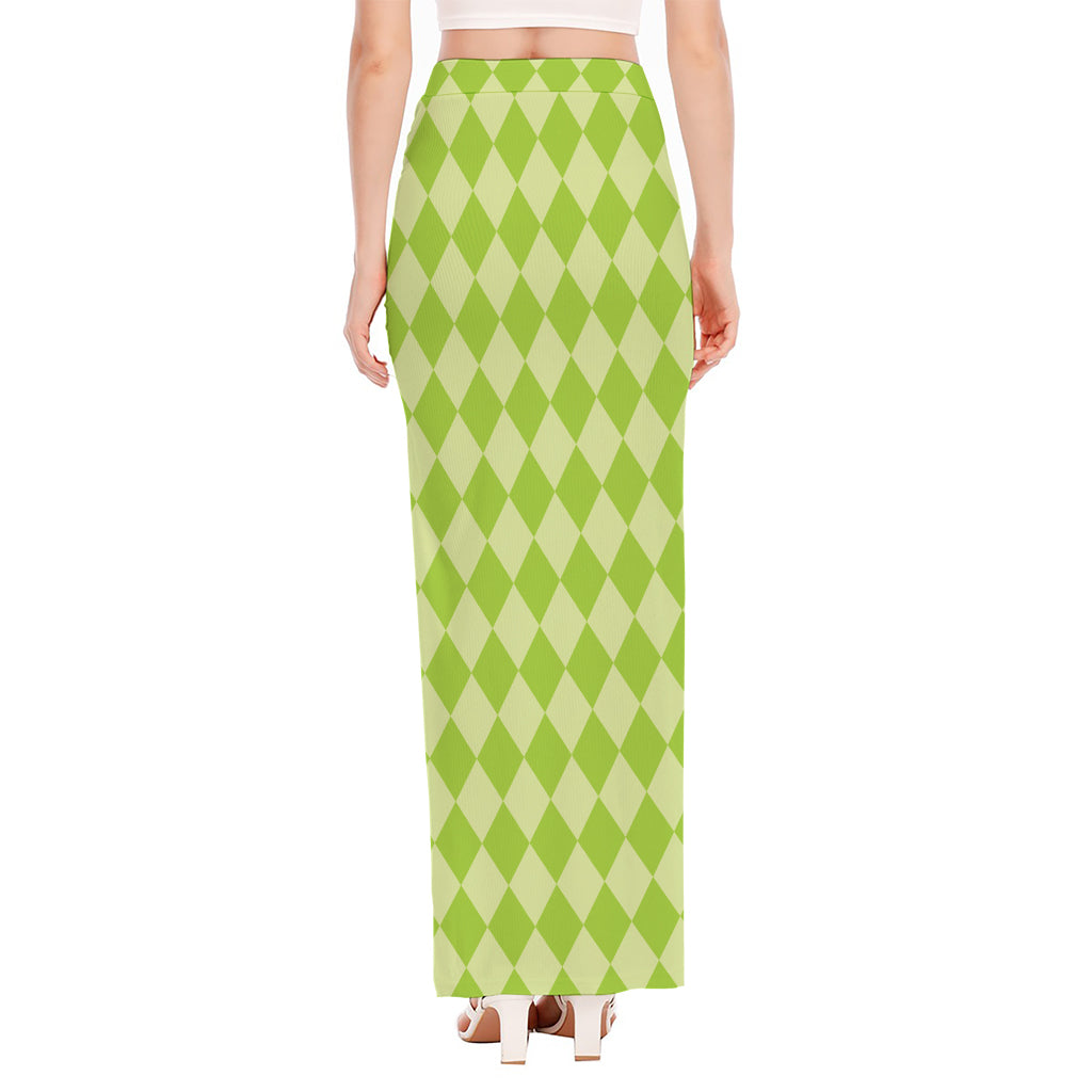 Green Harlequin Pattern Print High Slit Maxi Skirt