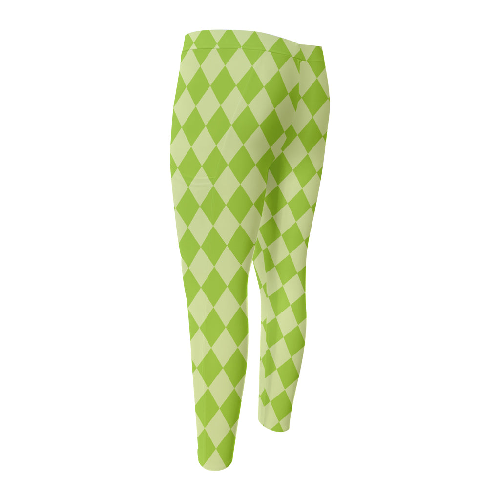 Green Harlequin Pattern Print Men's Compression Pants
