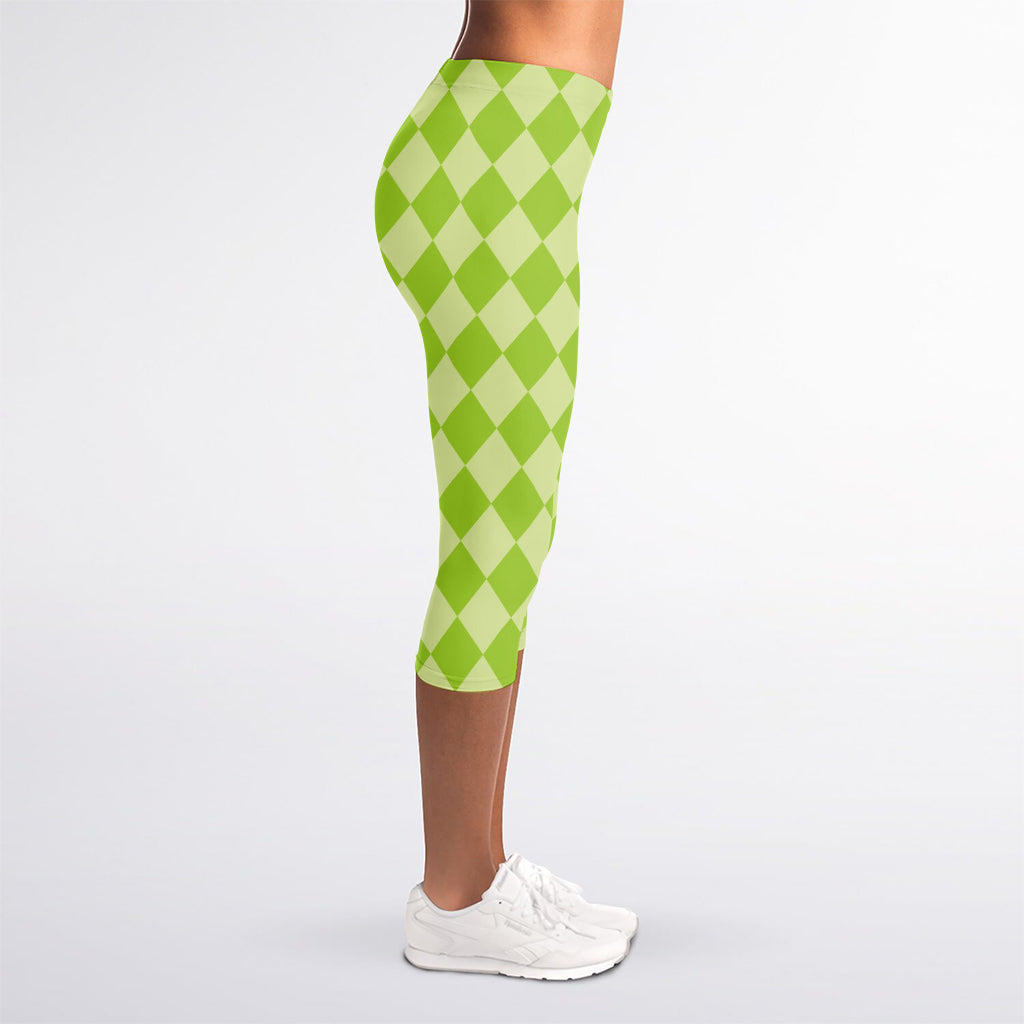 Green Harlequin Pattern Print Women's Capri Leggings
