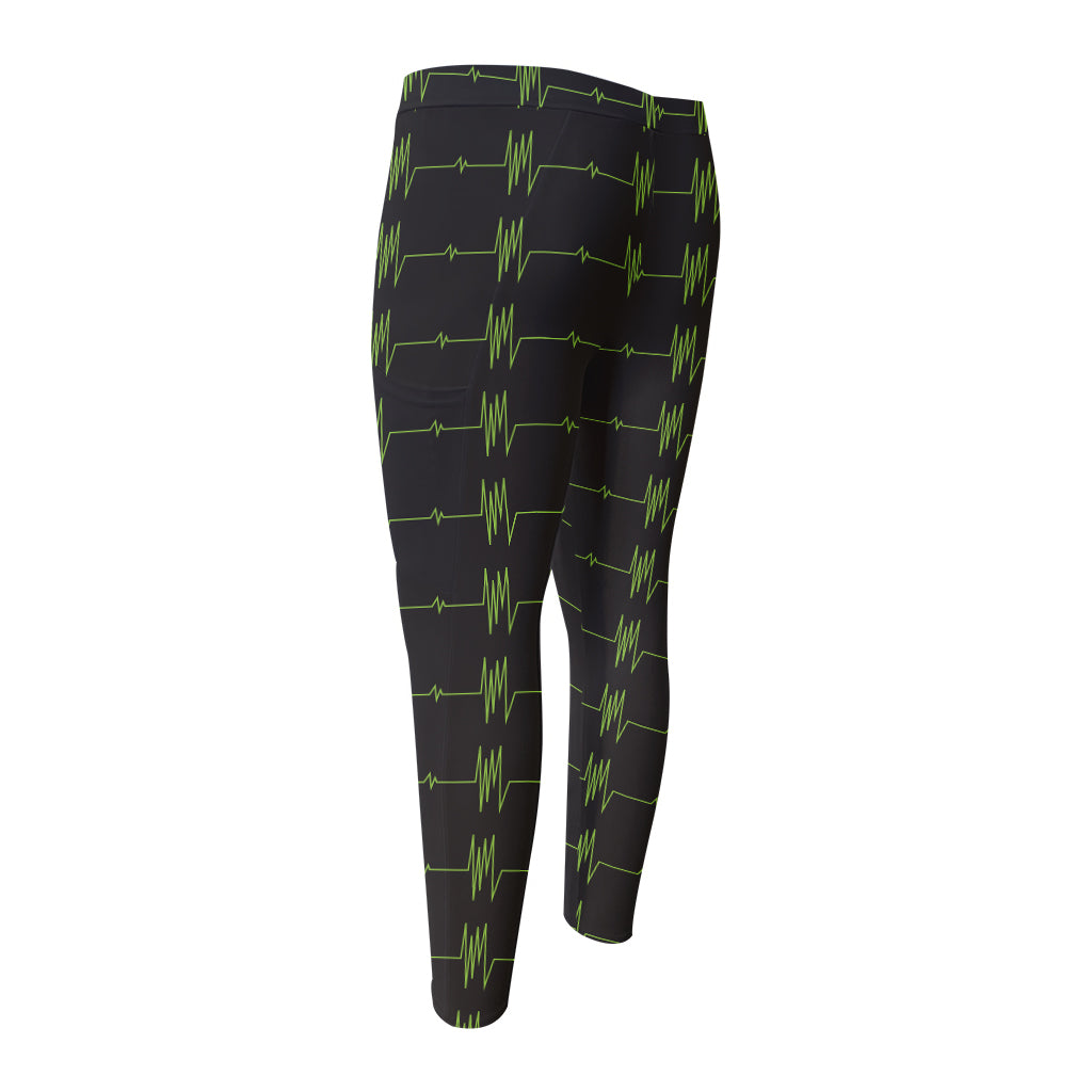 Green Heartbeat Pattern Print Men's Compression Pants