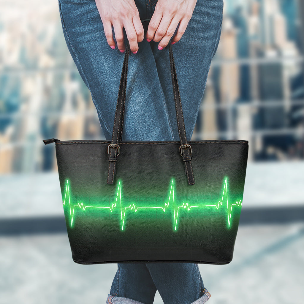 Green Heartbeat Print Leather Tote Bag