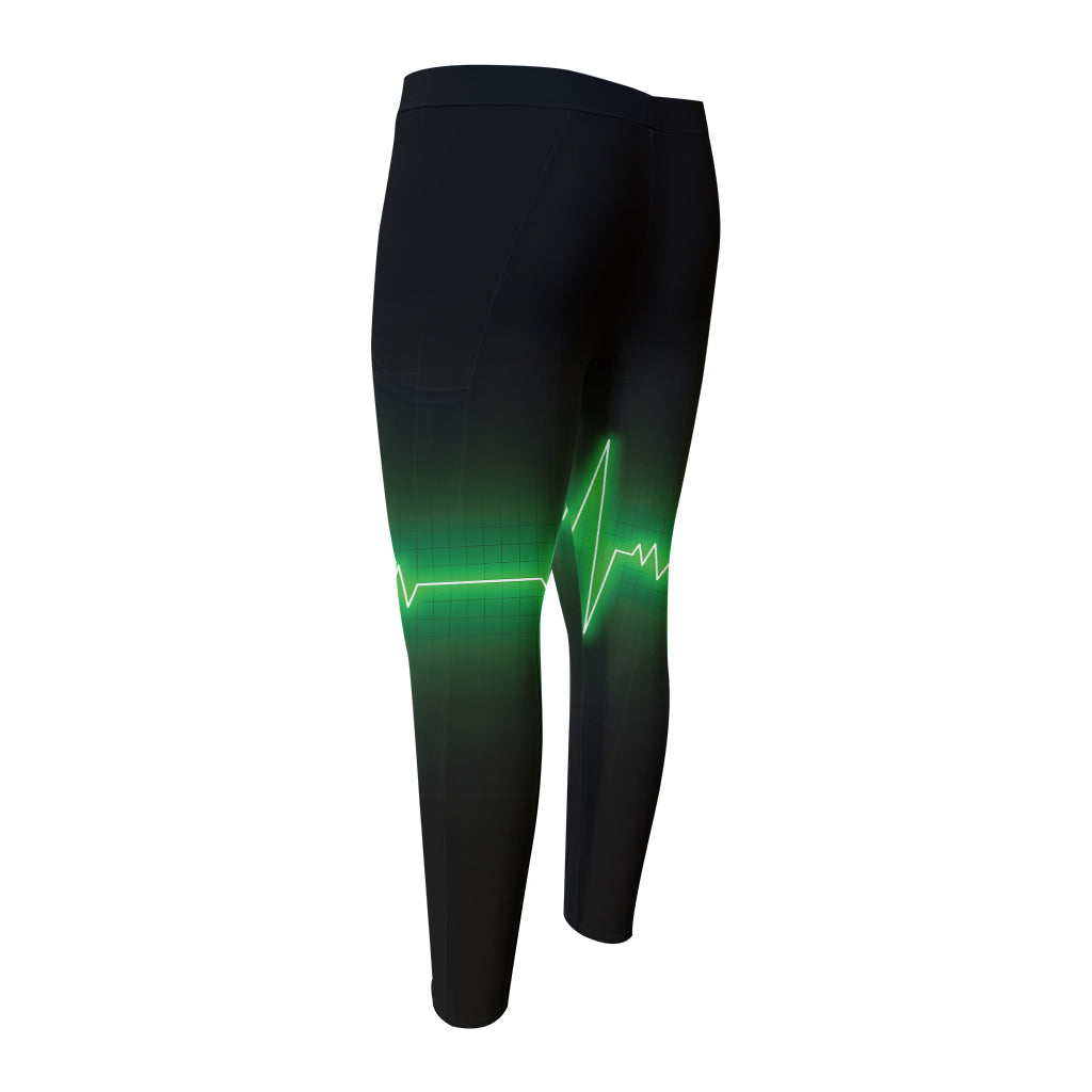 Green Heartbeat Print Men's Compression Pants