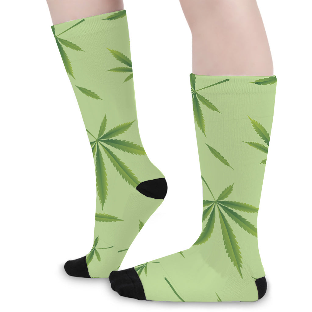 Green Hemp Leaves Pattern Print Long Socks