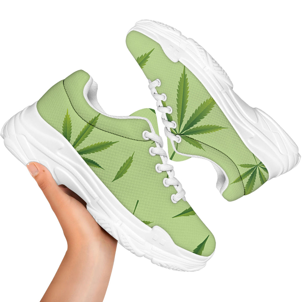 Green Hemp Leaves Pattern Print White Chunky Shoes