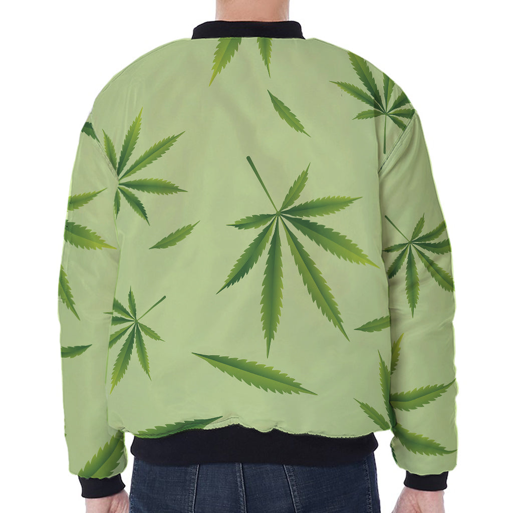 Green Hemp Leaves Pattern Print Zip Sleeve Bomber Jacket