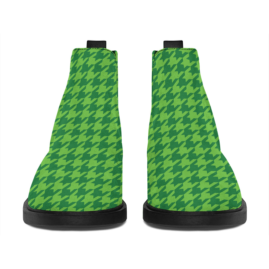 Green Houndstooth Pattern Print Flat Ankle Boots