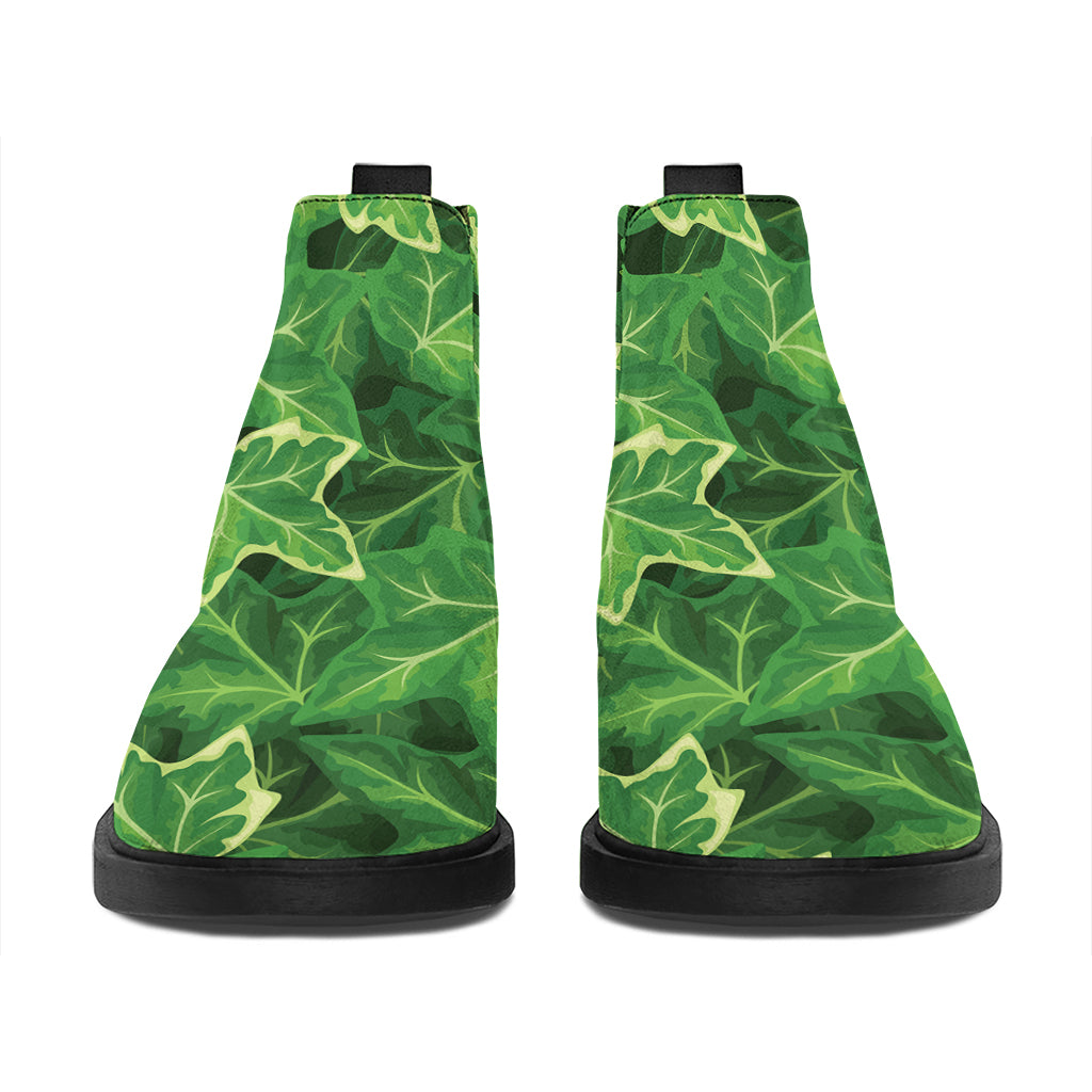 Green Ivy Leaf Pattern Print Flat Ankle Boots