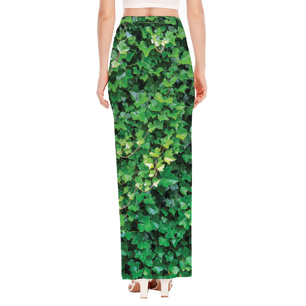 Green Ivy Wall Print High Slit Maxi Skirt