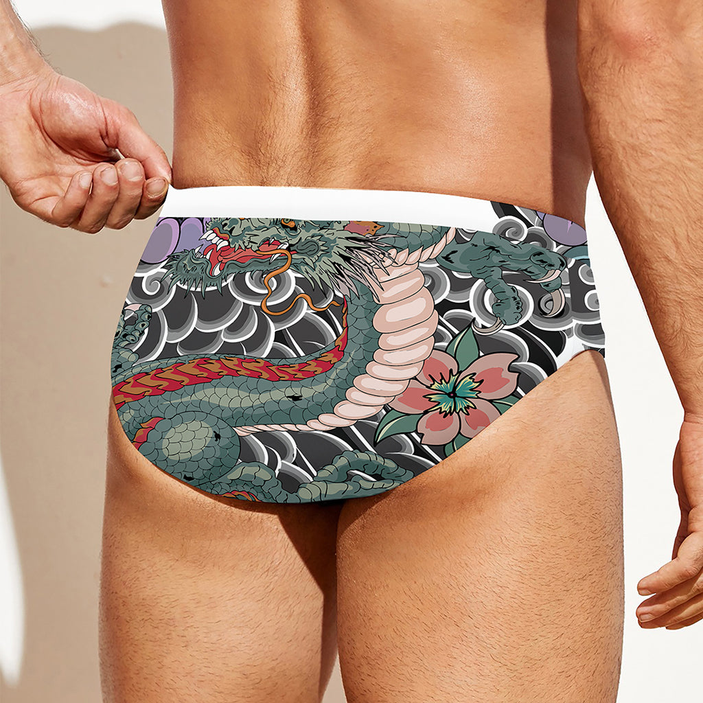 Green Japanese Dragon Tattoo Print Men's Swim Briefs