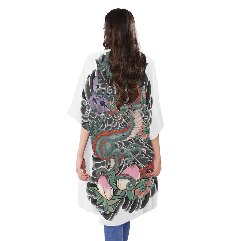 Green Japanese Dragon Tattoo Print Open Front Beach Cover Up