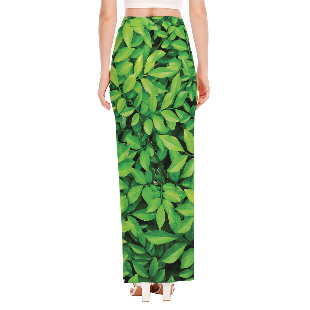 Green Leaf Print High Slit Maxi Skirt