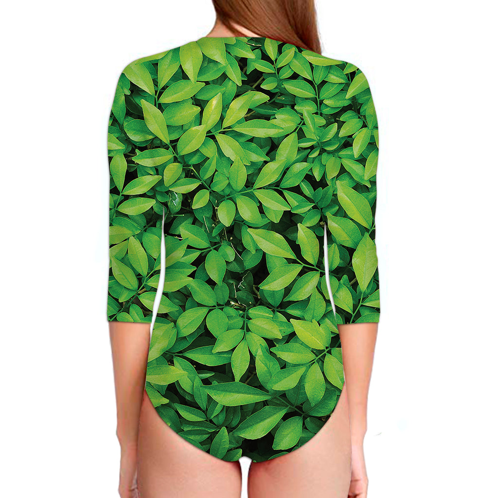 Green Leaf Print Long Sleeve Swimsuit