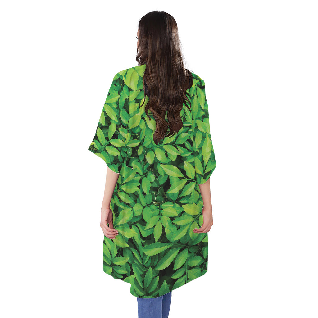 Green Leaf Print Open Front Beach Cover Up