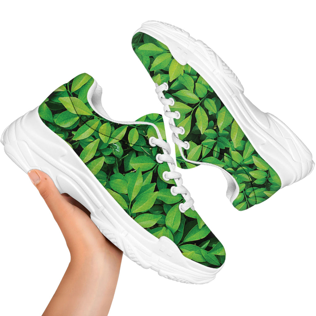 Green Leaf Print White Chunky Shoes