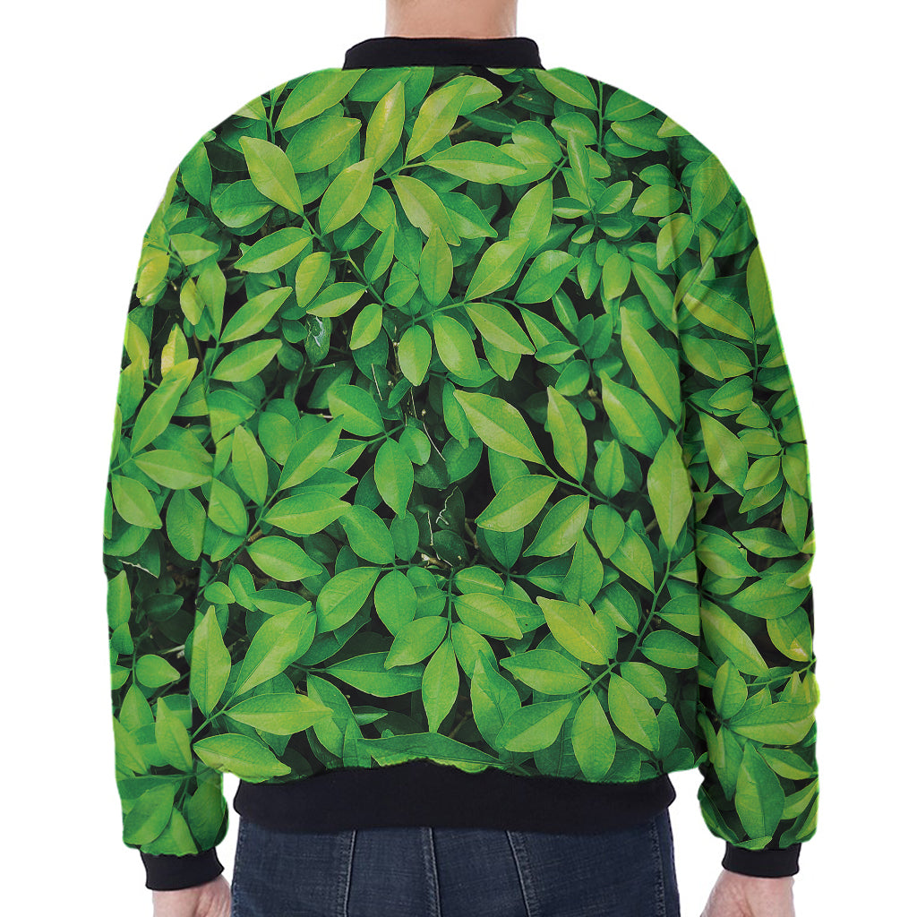 Green Leaf Print Zip Sleeve Bomber Jacket
