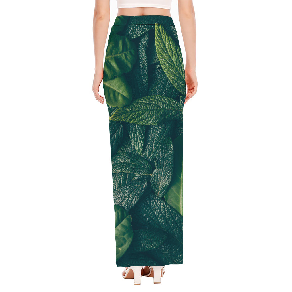 Green Leaves Print High Slit Maxi Skirt