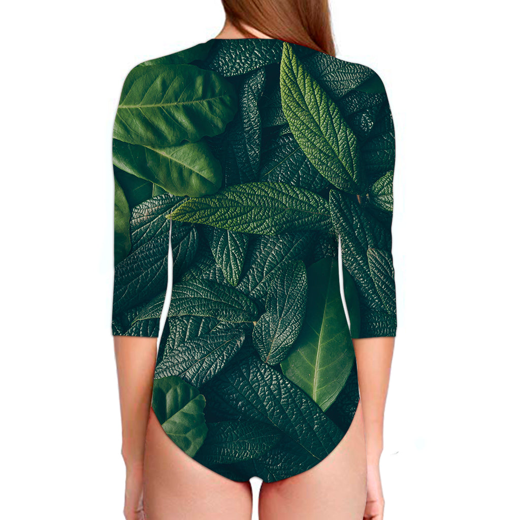 Green Leaves Print Long Sleeve Swimsuit