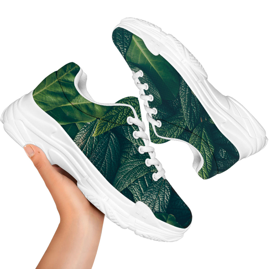 Green Leaves Print White Chunky Shoes
