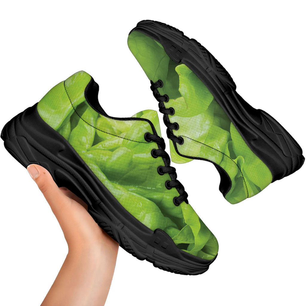 Green Lettuce Leaves Print Black Chunky Shoes