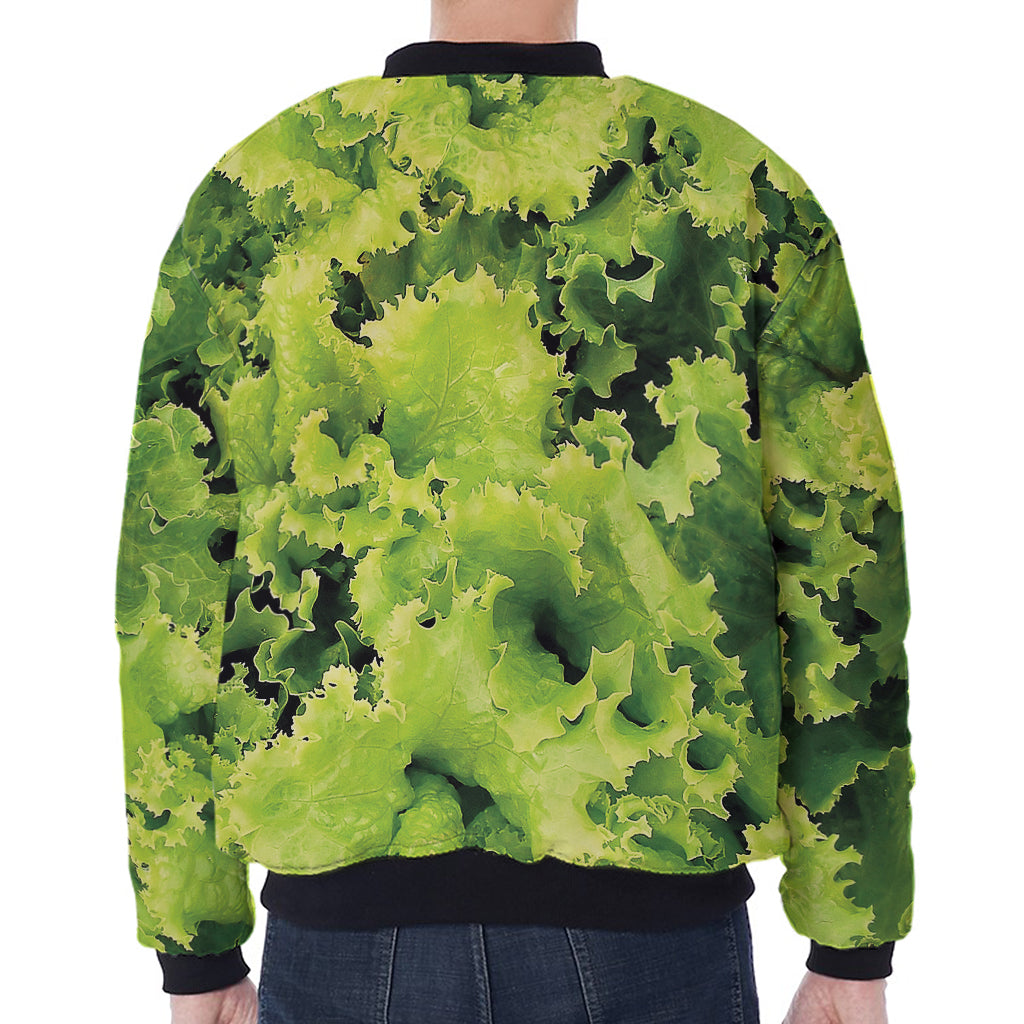 Green Lettuce Salad Print Zip Sleeve Bomber Jacket