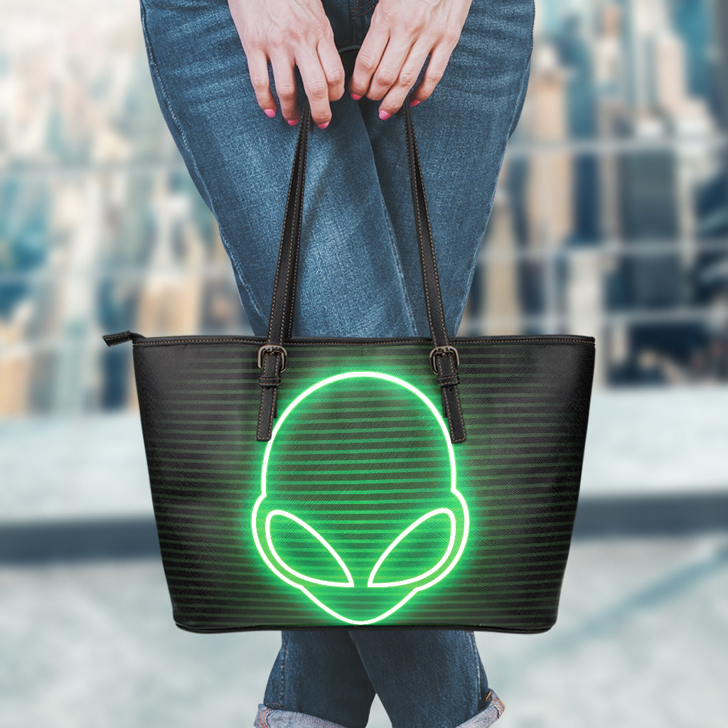 Green Light Alien Print Leather Tote Bag