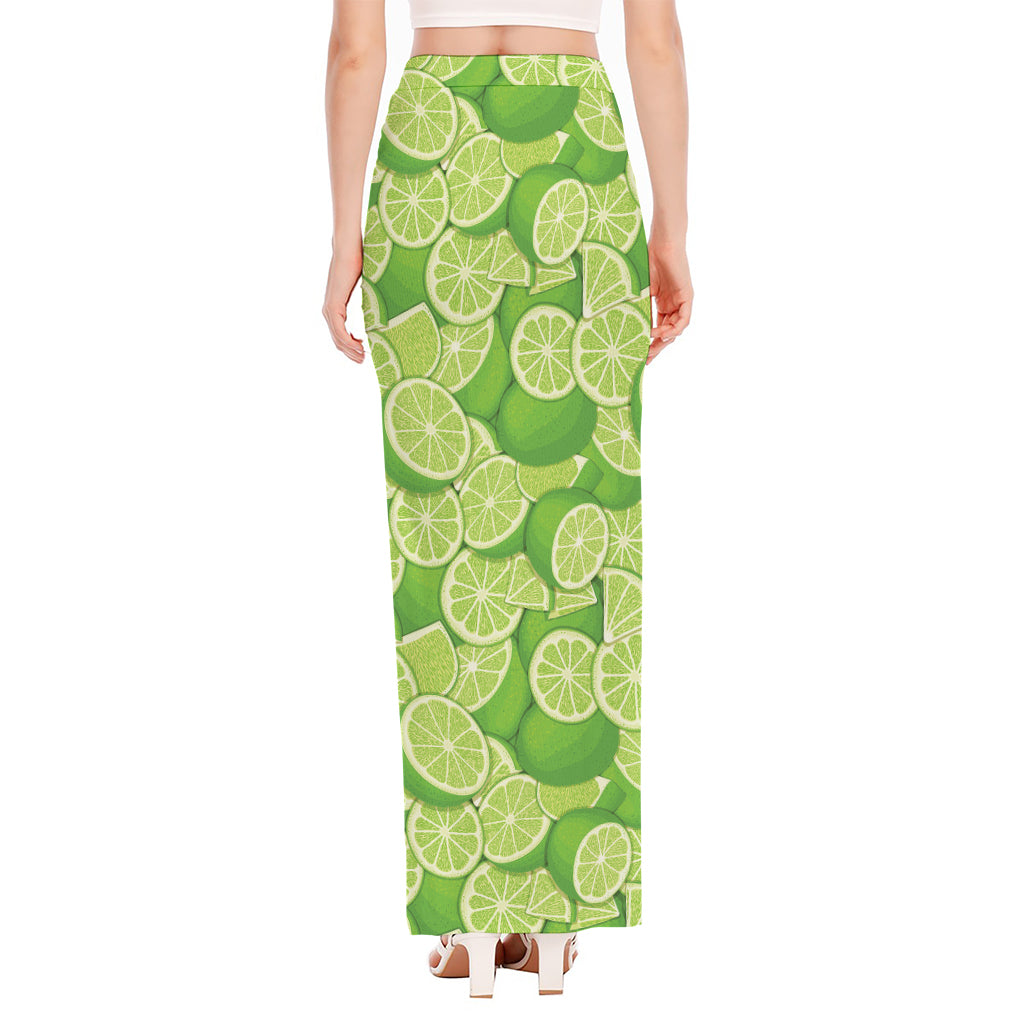 Green Lime Pattern Print High Slit Maxi Skirt