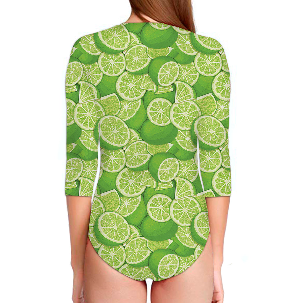 Green Lime Pattern Print Long Sleeve Swimsuit