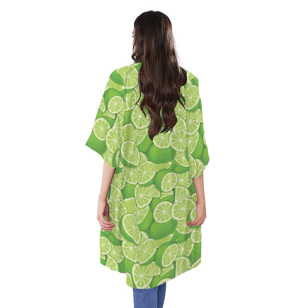 Green Lime Pattern Print Open Front Beach Cover Up