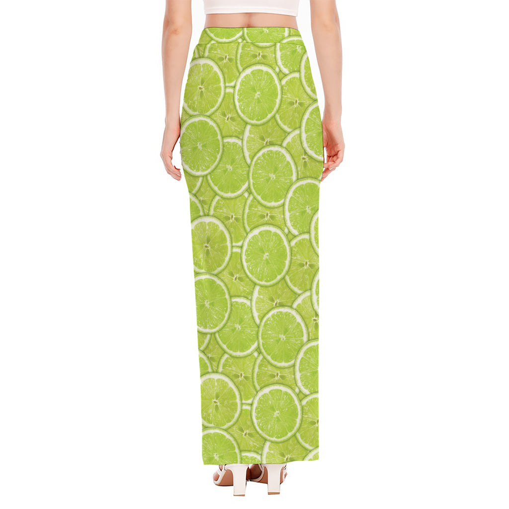 Green Lime Slices Pattern Print High Slit Maxi Skirt