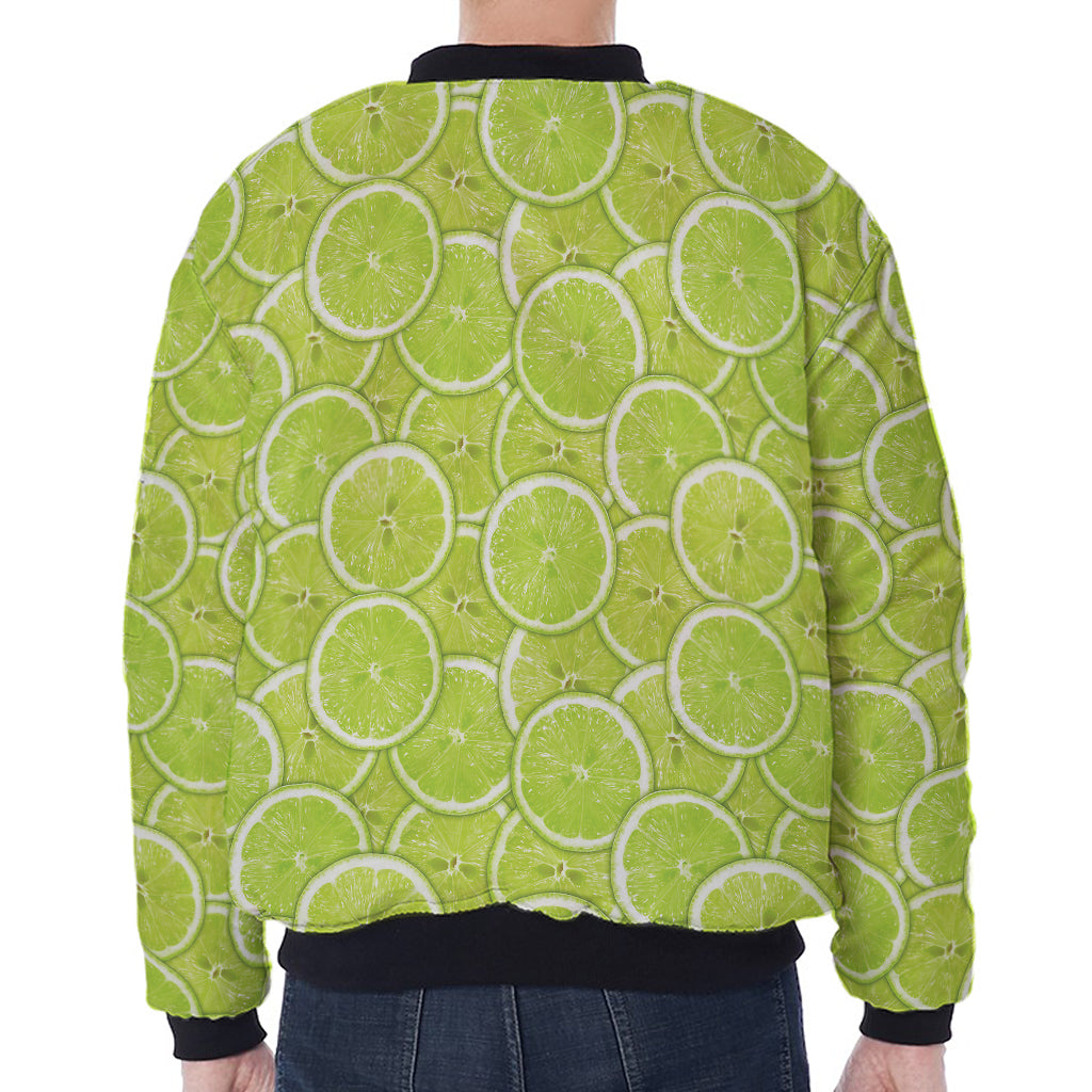 Green Lime Slices Pattern Print Zip Sleeve Bomber Jacket