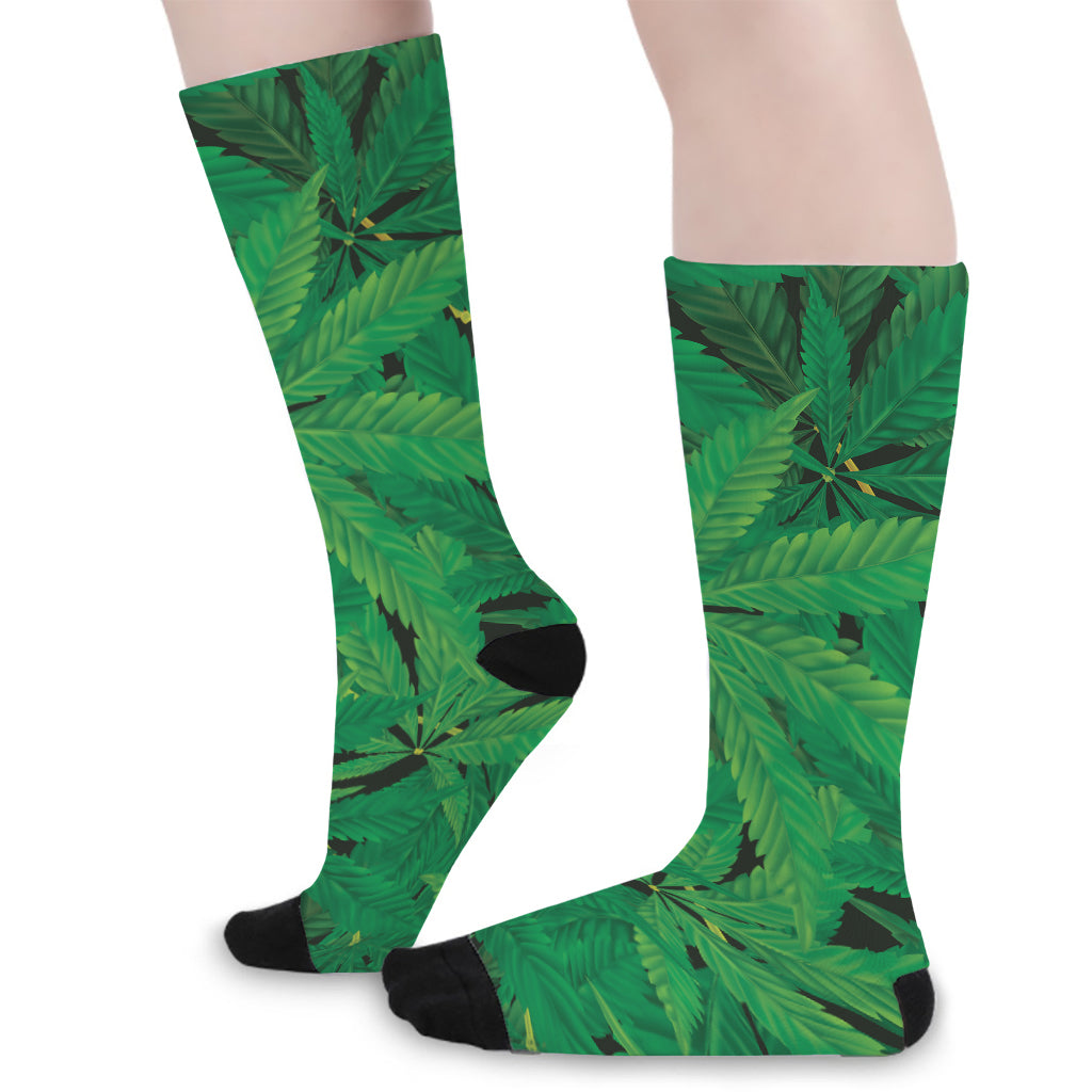 Green Marijuana Leaf Print Long Socks