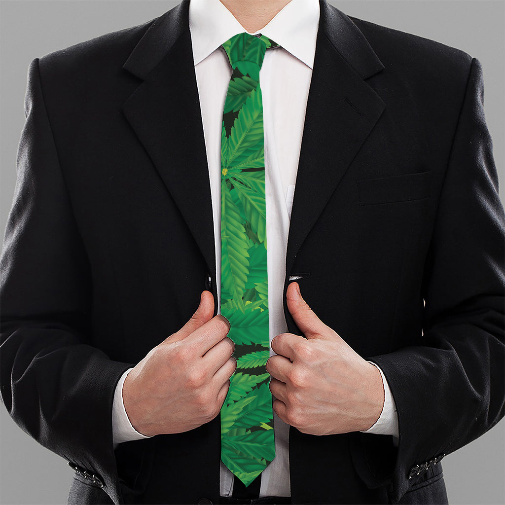 Green Marijuana Leaf Print Necktie